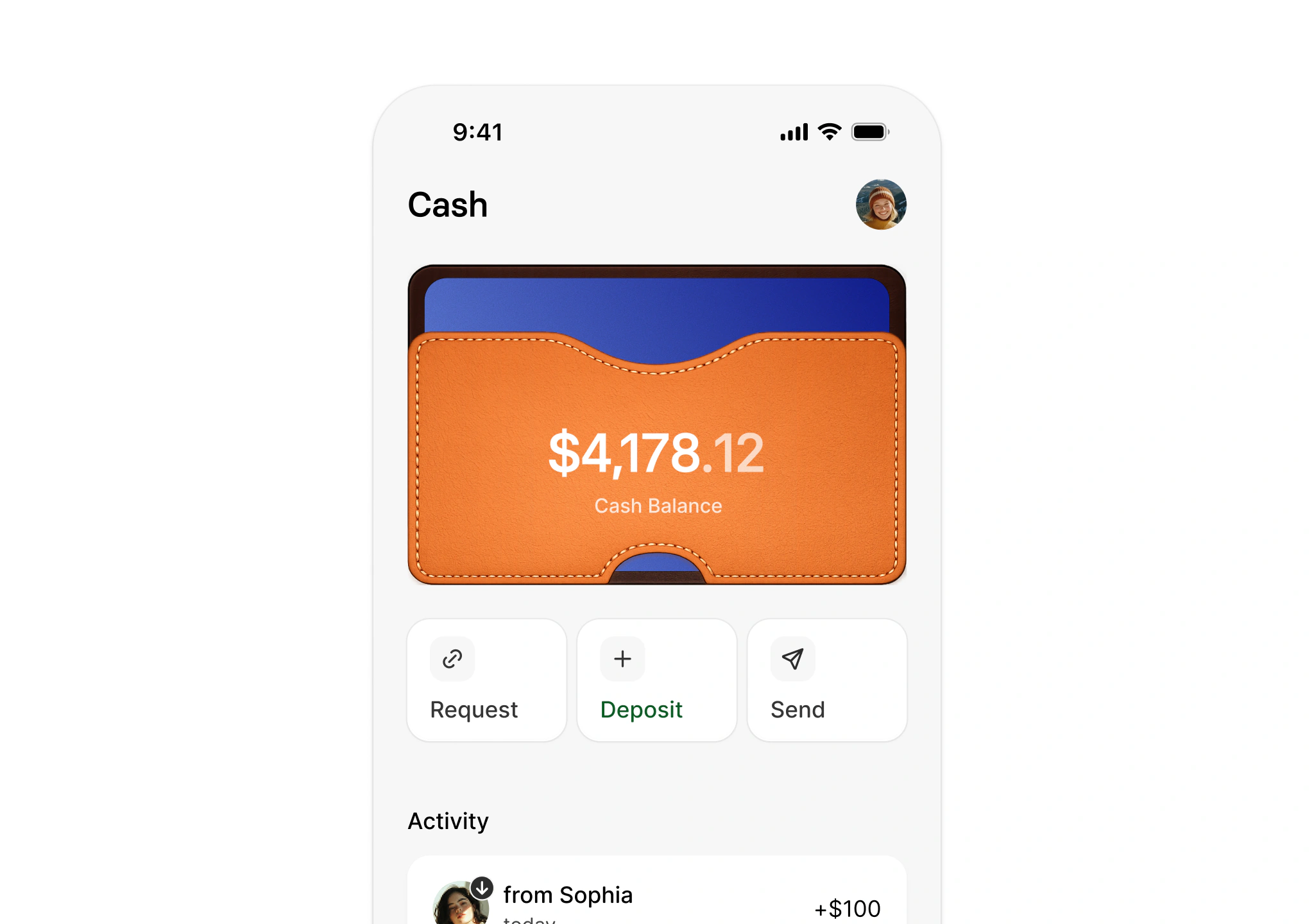Portrait Wallet home screen with a single balance